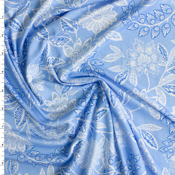 White and Blue Floral on Sky Blue NYC Designer Stretch Rayon Jersey Knit #30680 Fabric By The Yard White and Blue Floral on Sky Blue NYC Designer Stretch Rayon Jersey Knit #30680 Fabric By The Yard