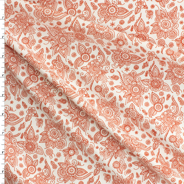 Rust Scrollwork Floral on White Stretch Cotton/Spandex Jersey Knit #30682 Fabric By The Yard