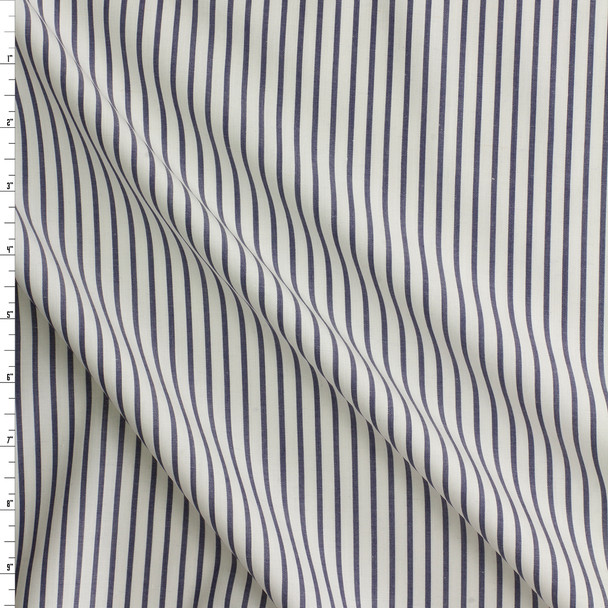 Indigo on Warm White Vertical Stripe Designer Cotton Shirting #30711 Fabric By The Yard