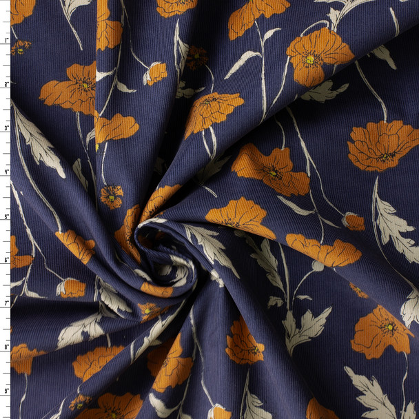 Dusty Orange Flowers on Navy Hokkoh Japanese Pinwhale Corduroy #30878 Fabric By The Yard