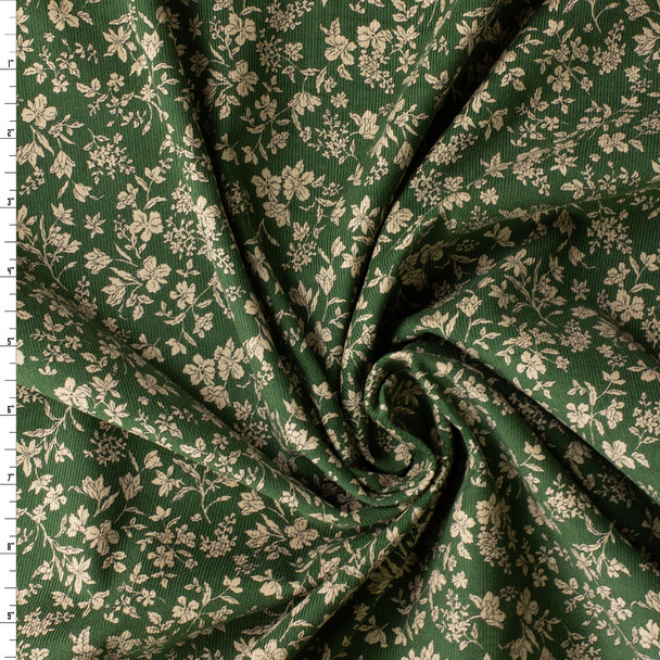 Taupe Mini Floral on Hunter GReen Hokkoh Japanese Pinwhale Corduroy #30881 Fabric By The Yard