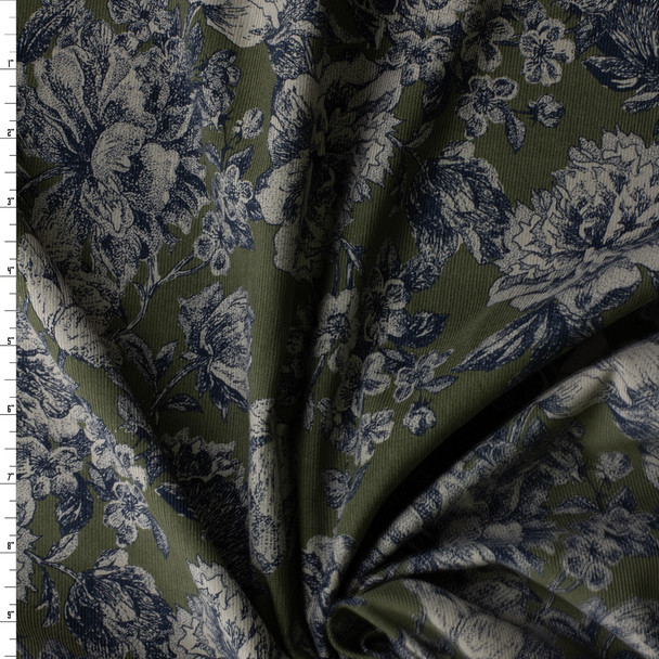 Woodcut Rose Floral on Dark Olive Hokkoh Japanese Pinwhale Corduroy #30882 Fabric By The Yard