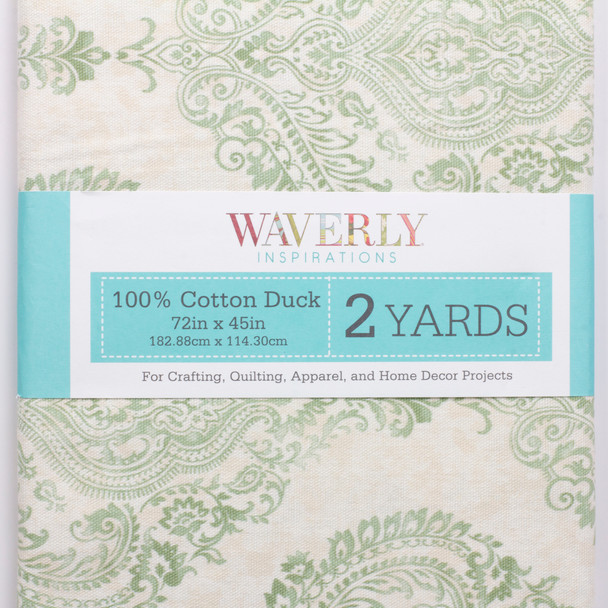 Waverly Cotton Duck Precut – Sage & Off-White Stamped Scrollwork – 2 Yards Fabric By The Yard