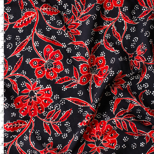 Charcoal Red Botanical Vine Rayon Challis #31025 Fabric By The Yard