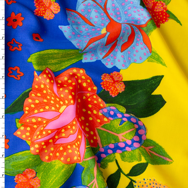 Royal Blue and Yellow Folk Floral Rayon Challis #31036 Fabric By The Yard