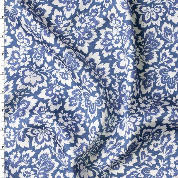 Dusty Blue Vintage Floral Rayon Charmeuse #31048 Fabric By The Yard