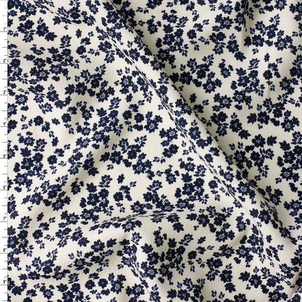 Ivory Navy Micro Floral Rayon Crepe De Chine #31049 Fabric By The Yard