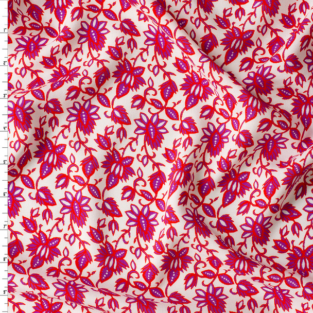 Ivory Red Folk Floral Rayon Challis #31060 Fabric By The Yard