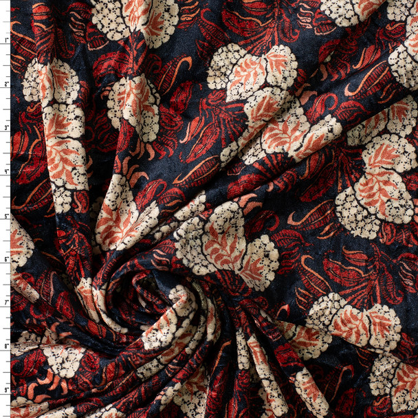 Ivory and Wine Floral on Black Stretch Velvet #31126 Fabric By The Yard
