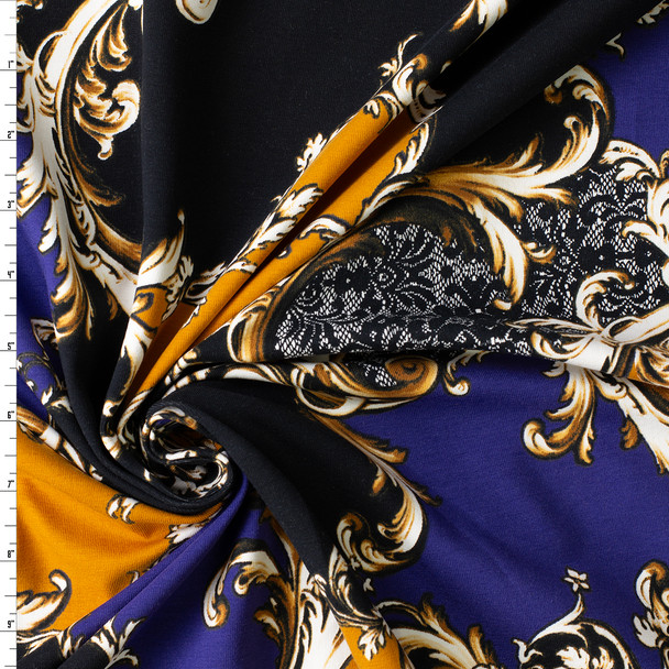 Black, Royal, and Caramel Scrolling Patchwork Cotton/Spandex Jersey Knit #31129 Fabric By The Yard