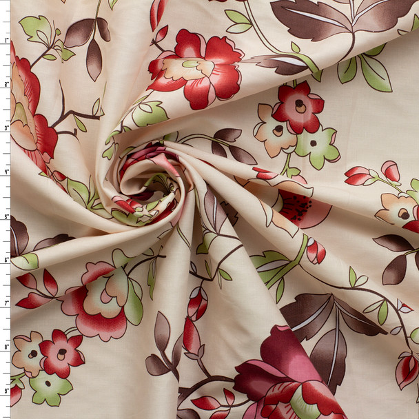 Wine Rose Floral on Cream Stretch Cotton Poplin #31280 Fabric By The Yard