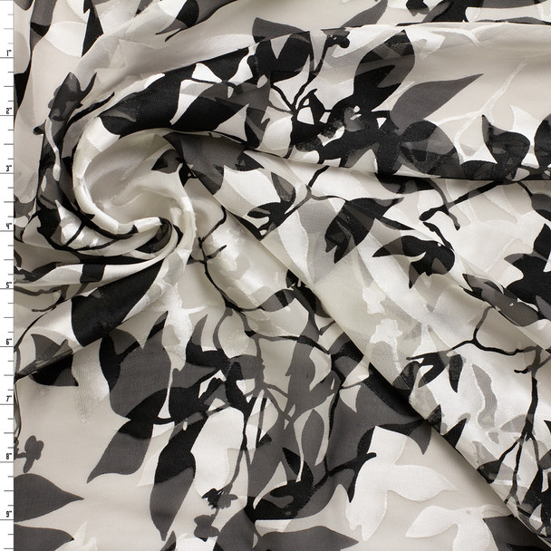 Black on White Branch Silhouettes Burnout Silk Chiffon #31323 Fabric By The Yard