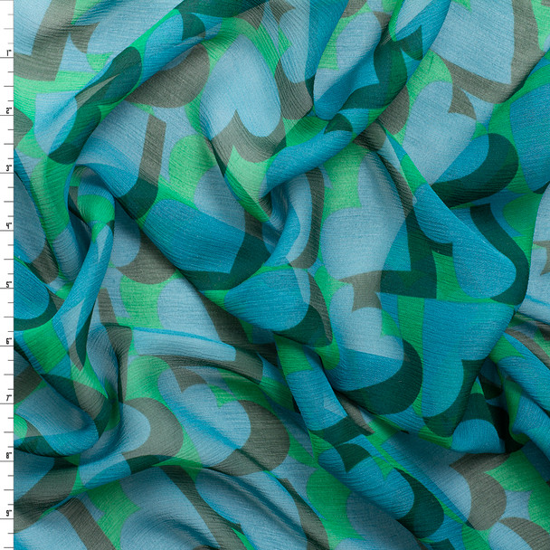 Teal Shadowed Hearts on Lime Crinkle Silk Chiffon #31326 Fabric By The Yard
