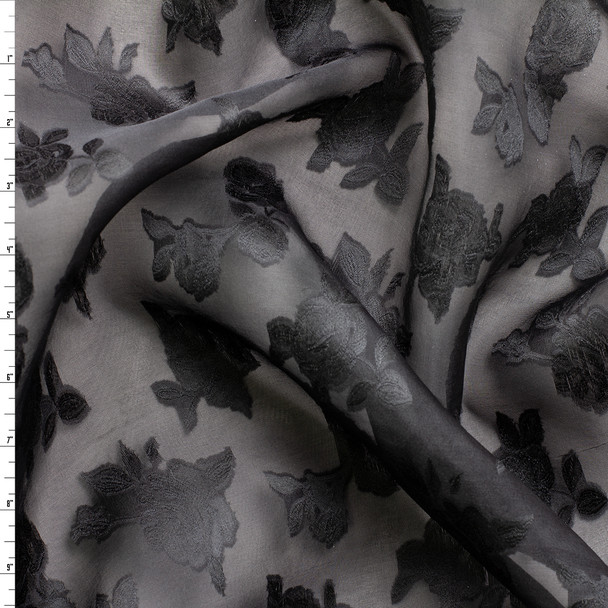 Black on Black Roses Burnout Silk Organza #31333 Fabric By The Yard