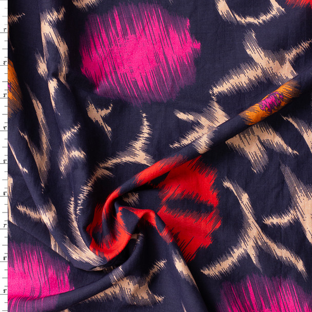 Red and Tan Ornamental Floral on Navy Cotton Lawn #31383 Fabric By The Yard