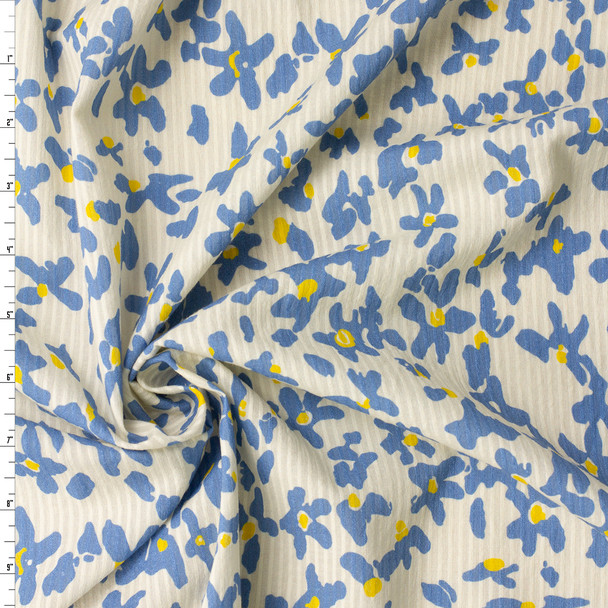 Light Blue Paint Floral on Ivory Ribbed Cotton Seersucker #31400 Fabric By The Yard
