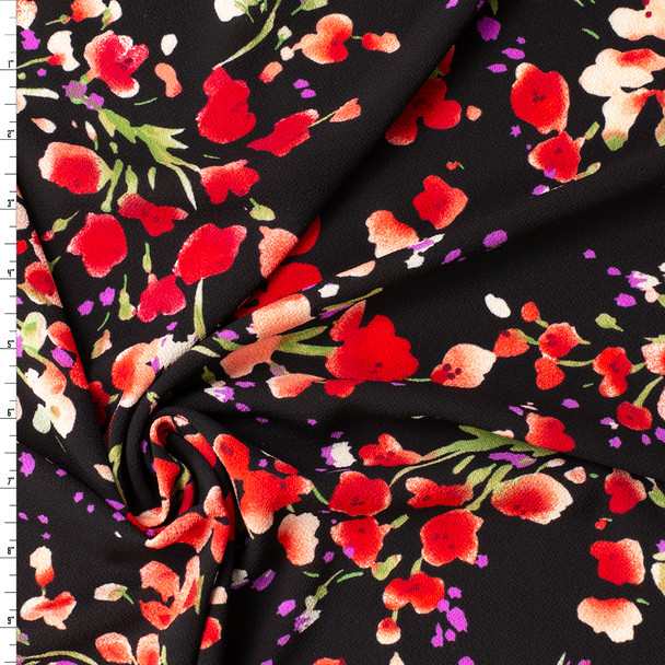 Hot Pink Watercolor Floral on Black Polyester Bubble Crepe #31407 Fabric By The Yard