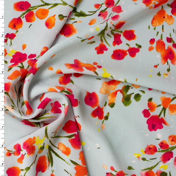 Hot Pink Watercolor Floral on Sky Blue Polyester Bubble Crepe #31408 Fabric By The Yard