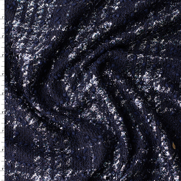 Navy and Silver Plaid Sequined Bouclé #31443 Fabric By The Yard