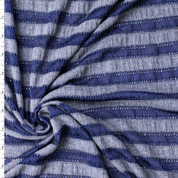 Denim Blue Heather and Navy Jacquard Stripe Triblend Jersey Knit #31470 Fabric By The Yard