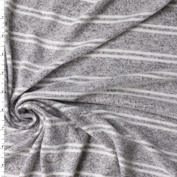 White Double Stripe on Light Grey Heather Brushed Hatchi Knit #31482 Fabric By The Yard