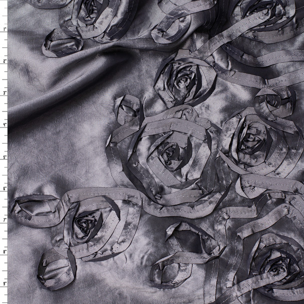 Charcoal Scrollwork Double Bordered Embroidered Taffeta #31502 Fabric By The Yard