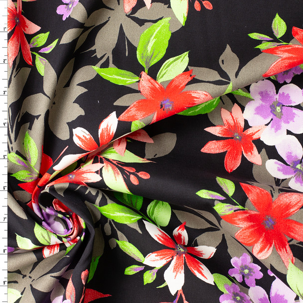 Bright Island Floral on Black Stretch Cotton Poplin #31538 Fabric By The Yard
