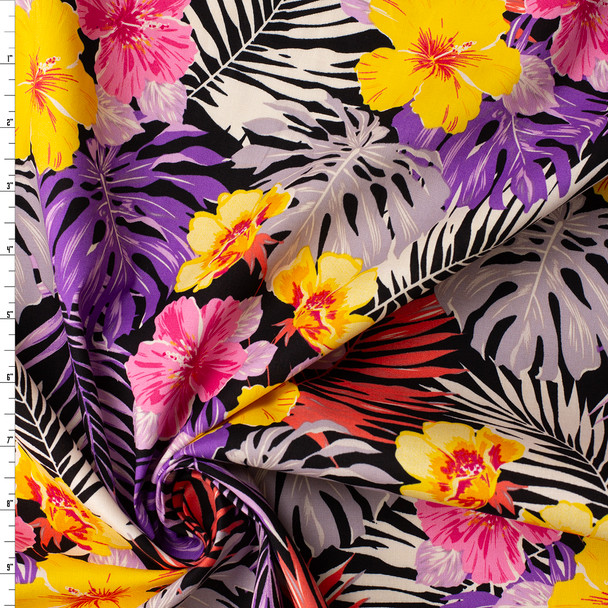 Pink, Purple, and Yellow Flowers and Fronds on Black Stretch Cotton Poplin #31540 Fabric By The Yard