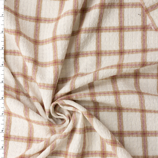 Tan and Marsala on Ivory Plaid Brushed Gauzy Cotton Seersucker #31604 Fabric By The Yard
