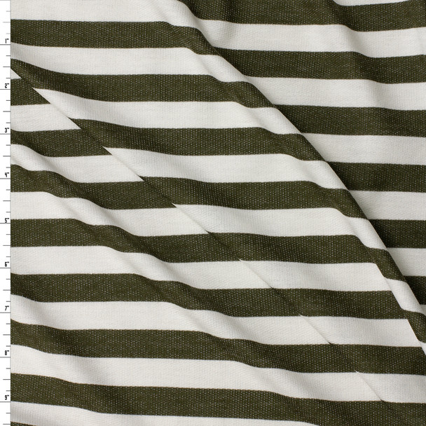 Olive and Offwhite Horizontal Stripe Tri-blend French Terry #31631 Fabric By The Yard