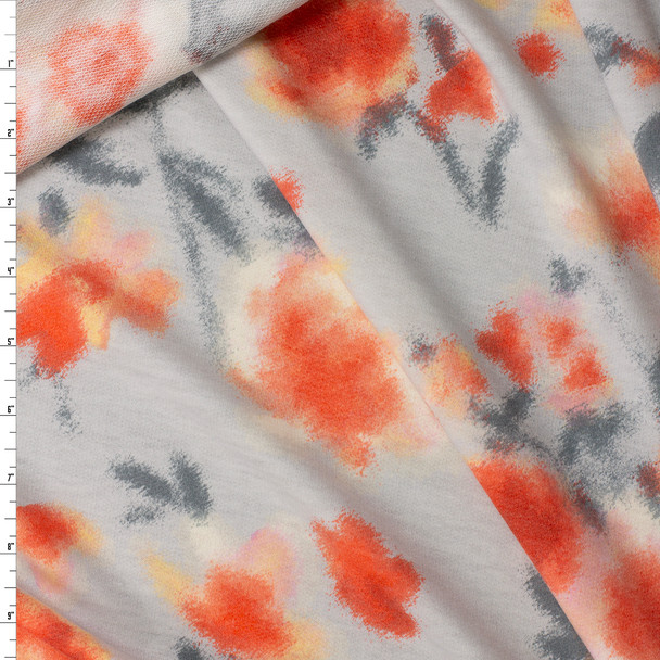 Orange and Charcoal Soft Floral on Silver Tri-blend French Terry #31637 Fabric By The Yard