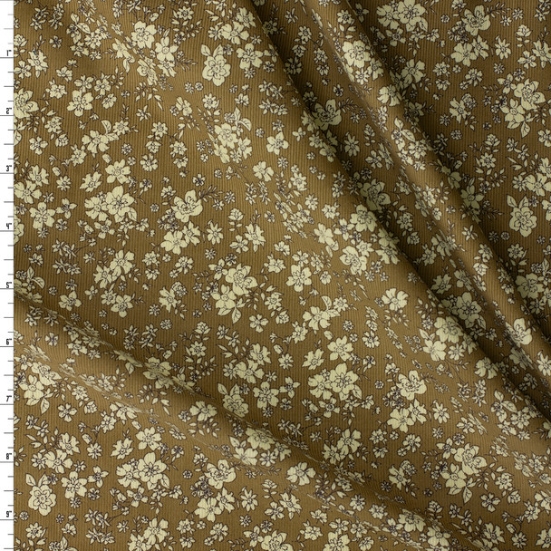 Ivory on Mocha Floral Vines Japanese Pinwale Corduroy from Hokkoh #31742 Fabric By The Yard