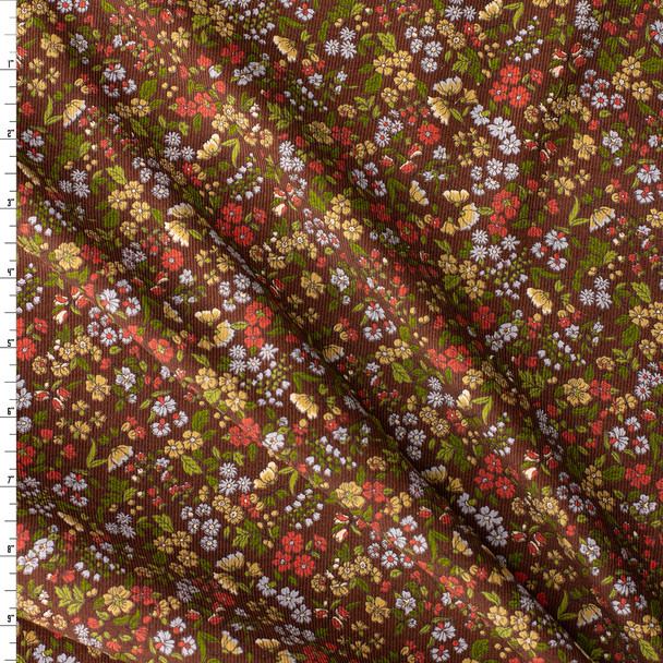 Multi Mini Floral on Chocolate Japanese Pinwale Corduroy from Hokkoh #31743 Fabric By The Yard
