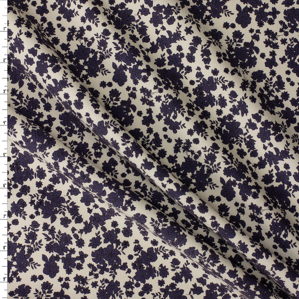 Charcoal on Ivory Floral Vines Japanese Pinwale Corduroy from Hokkoh #31745 Fabric By The Yard