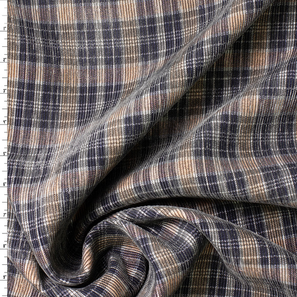 Black and Tan Plaid Italian Designer 14 Wale Corduroy #31756 Fabric By The Yard