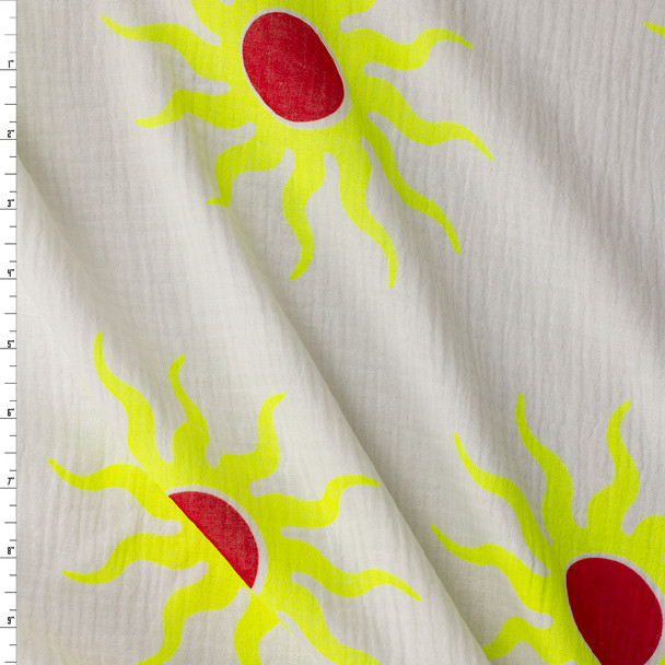 Neon Yellow and Red Suns on White Italian Designer Cotton Double Gauze #31768 Fabric By The Yard