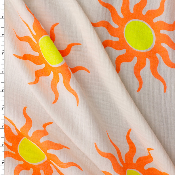 Neon Orange and Yellow Suns on White Italian Designer Cotton Double Gauze #31769 Fabric By The Yard