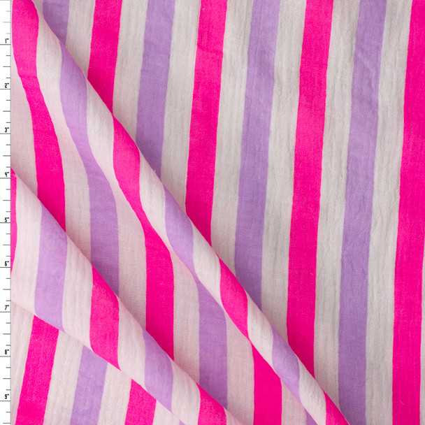 Lavender and Neon Pink Vertical Stripe Italian Designer Cotton Double Gauze #31775 Fabric By The Yard