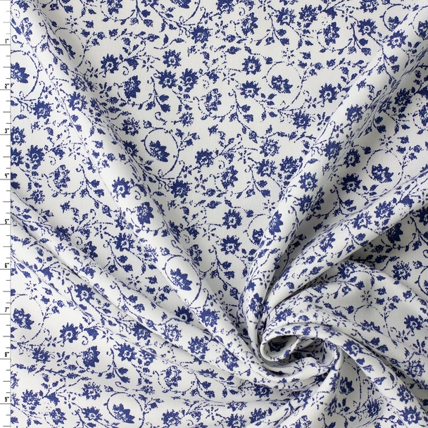 Blue Grunge Vines on White Italian Designer Viscose Twill #31779 Fabric By The Yard