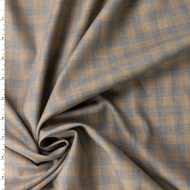 Heather Tan and Grey Check Italian Designer Lightweight Cotton Twill #31782 Fabric By The Yard