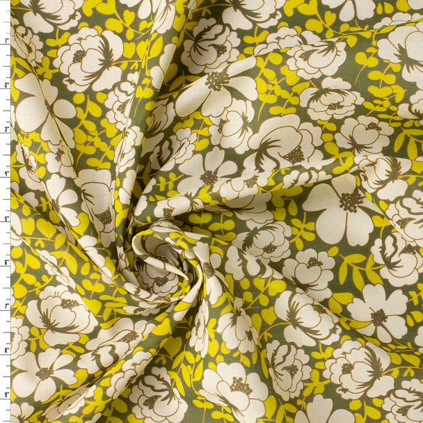 Olive and Ivory Retro Floral Italian Designer Cotton Lawn #31788 Fabric By The Yard