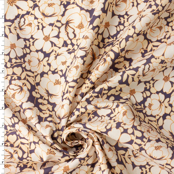 Charcoal and Ivory Retro Floral Italian Designer Cotton Lawn #31789 Fabric By The Yard