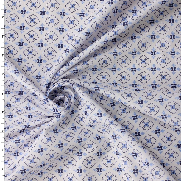 Navy and Sky Blue Geometric Floral on White Italian Designer Cotton Lawn #31794 Fabric By The Yard