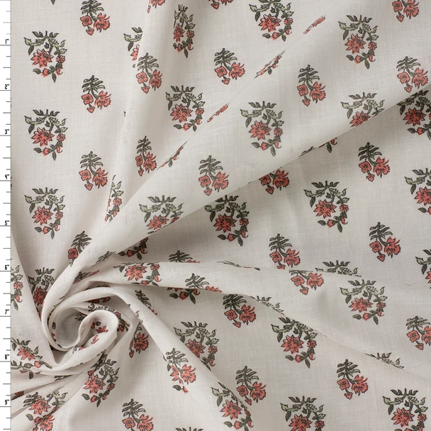Coral and Sage Mini Illustrative Floral on Offwhite Italian Designer Cotton Lawn #31795 Fabric By The Yard