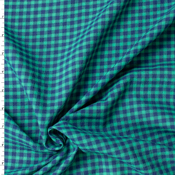 Navy and Green Plaid Cotton Seersucker #31803 Fabric By The Yard