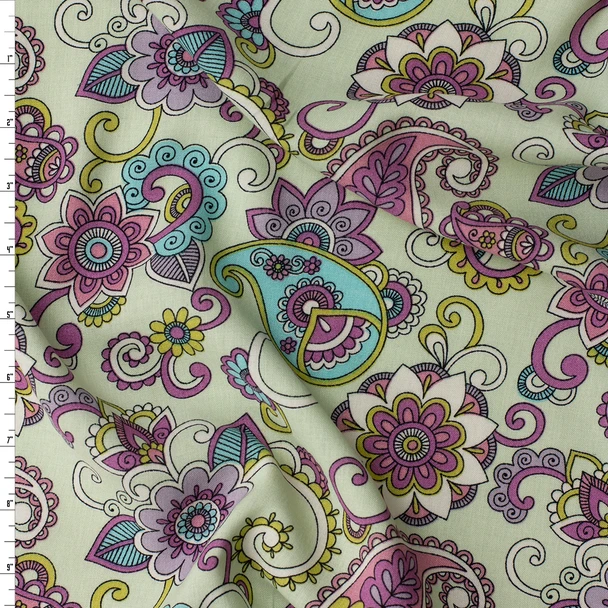 Mint Blossom Paisley Rayon Challis #31810 Fabric By The Yard
