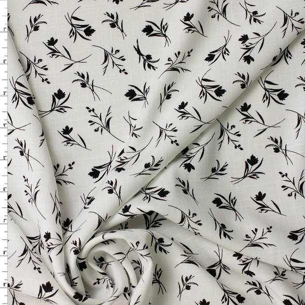 Black on White Floral Silhouettes Linen Look Rayon Woven #31816 Fabric By The Yard