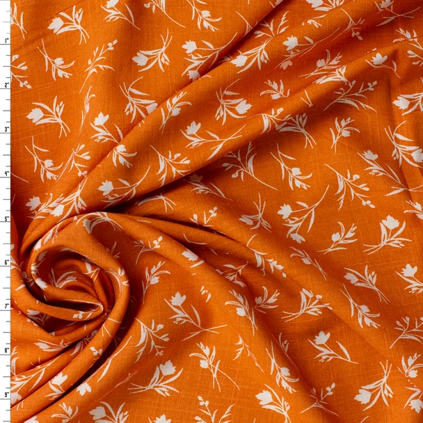 White on Pumpkin Floral Silhouettes Linen Look Rayon Woven #31817 Fabric By The Yard