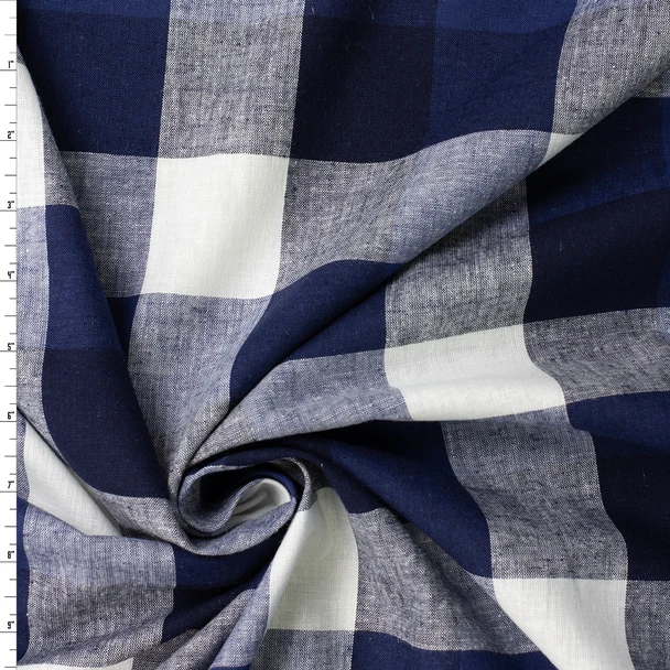 Navy, Black, and White Plaid Italian Designer Linen #31832 Fabric By The Yard