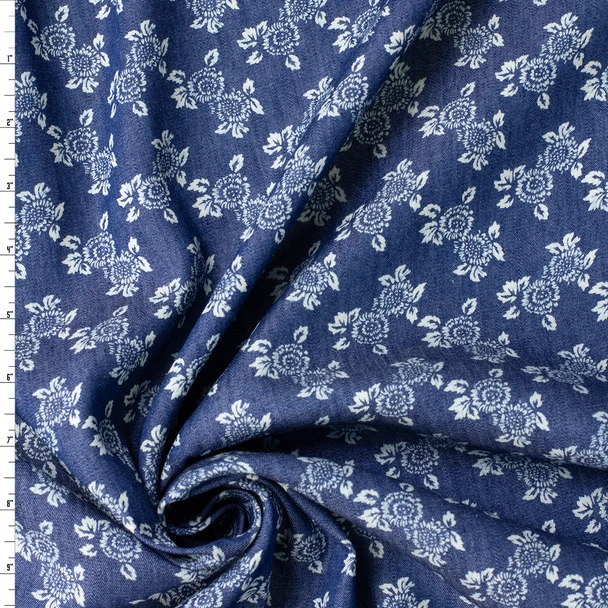 Indigo Cottage Floral Italian Designer Lightweight Denim #31836 Fabric By The Yard